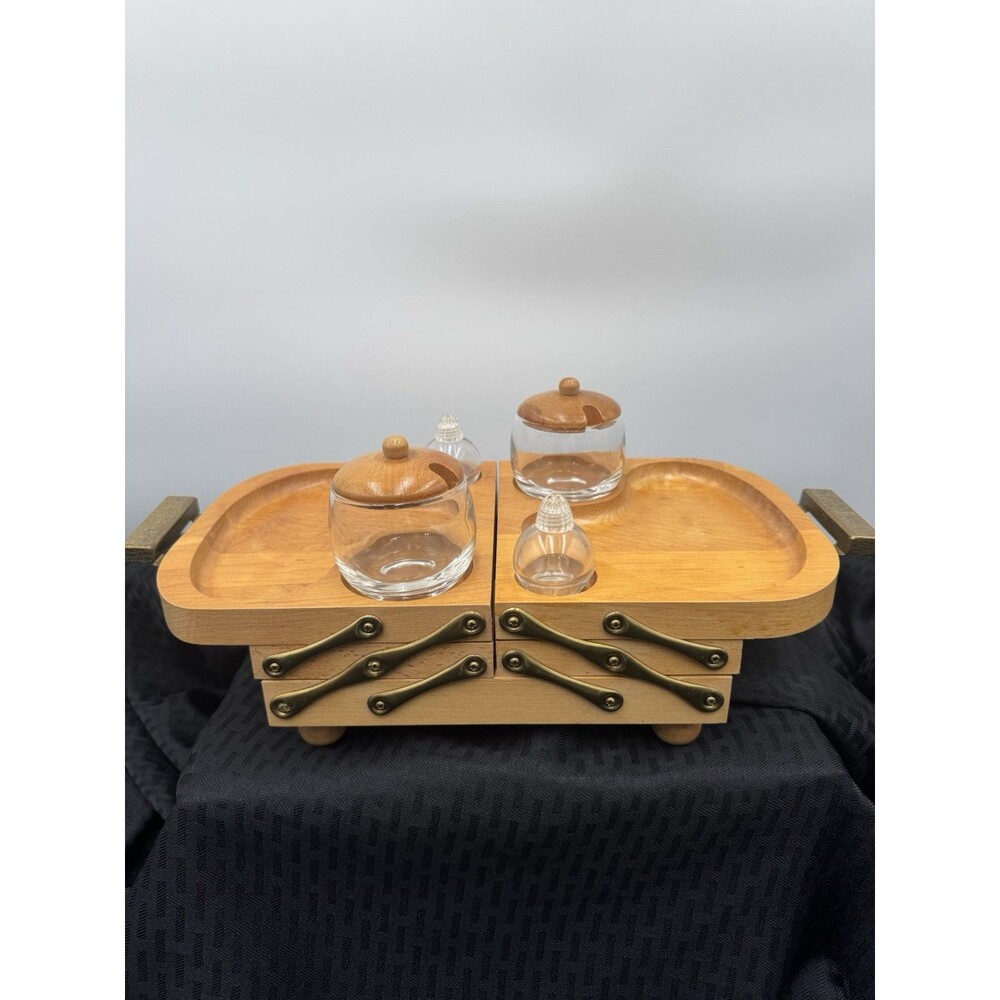 Karoff Fold-Away 3 tier wood buffet complete with condiment set mid-century